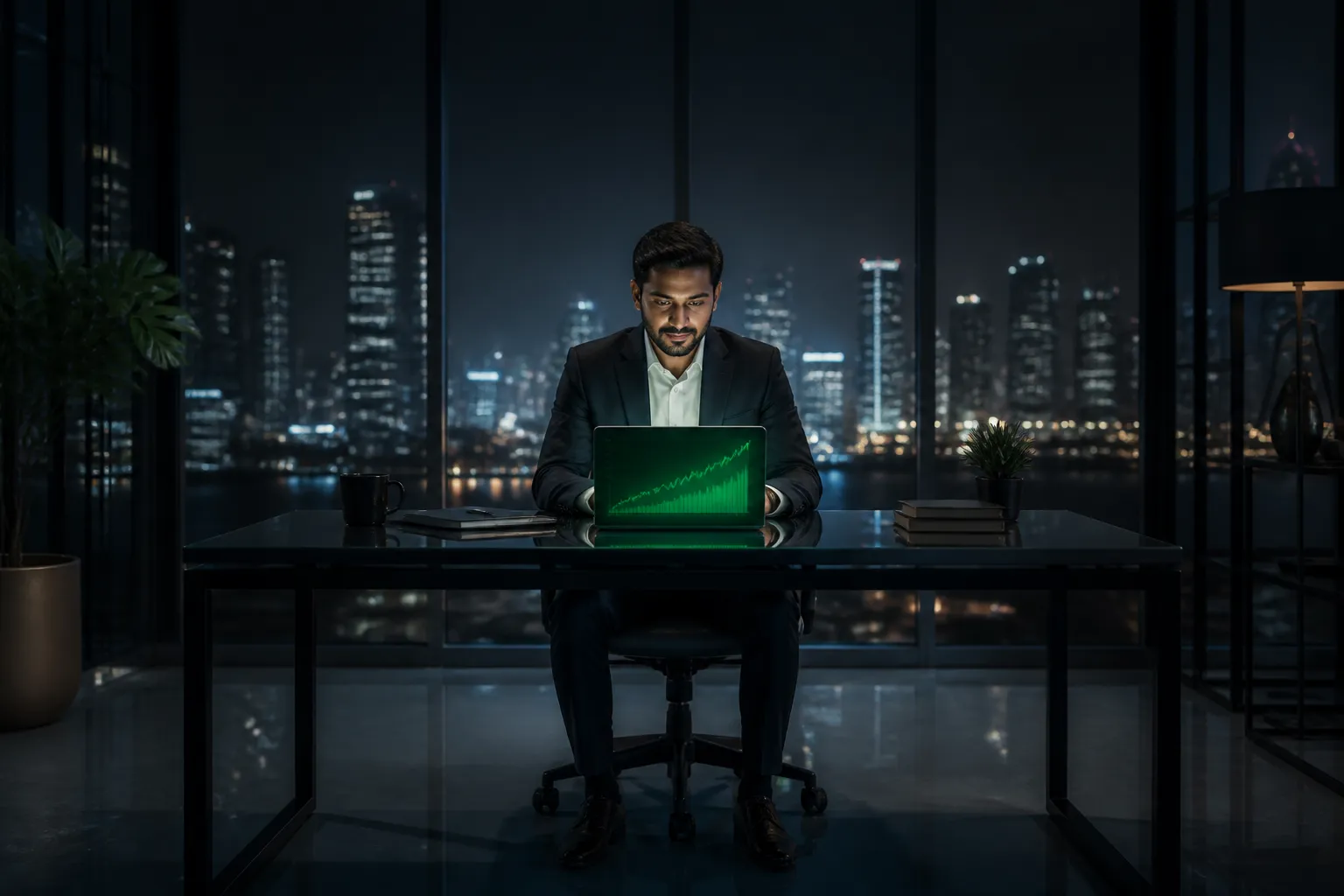 Financial advisor working with AI tools at a modern Mumbai office at night